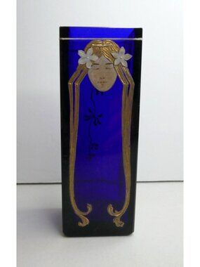 Antique Josef Riedel Art Nouveau Cobalt Glass Cabinet Vase - Lady Face - Heavy
